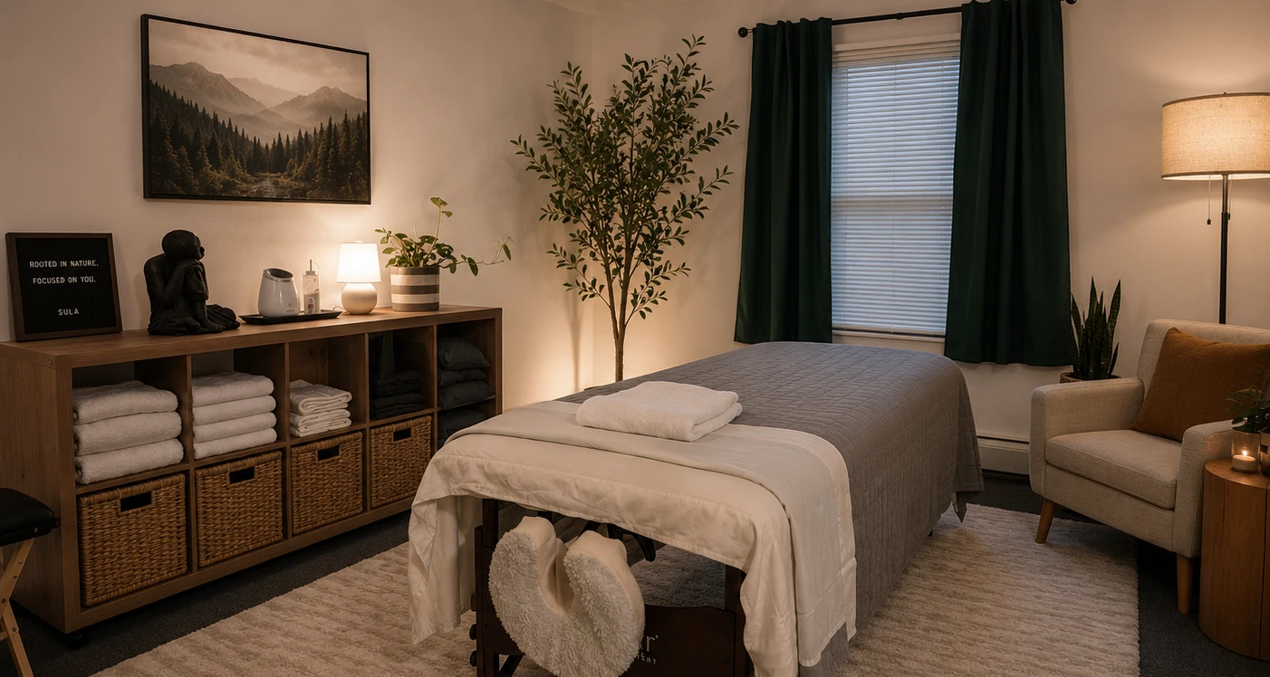 Staged view of the Sula Massage Therapy studio with treatment table, storage, tall plant, green curtains, and chair seating area